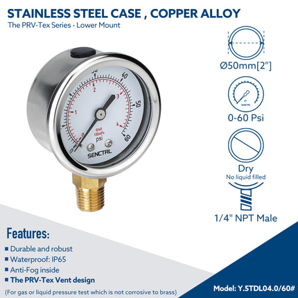 PRV-Tex 0-60 Psi Pressure Gauge, 1/4" NPT, 2" Dial