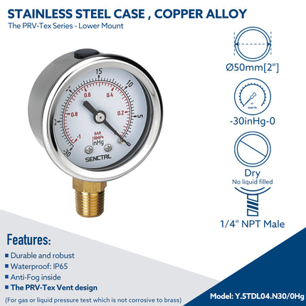 PRV-Tex -30-0 inHg Vacuum Pressure Gauge, 1/4" NPT, 2" Dial