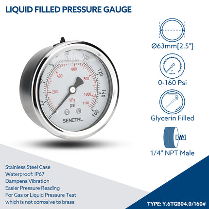 0-160 Psi Glycerine Filled Pressure Gauge, 1/4" NPT, 2.5" Dial, Back Mount