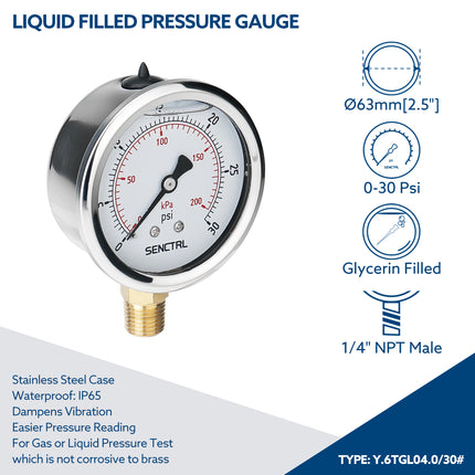 0-30 Psi Glycerine Filled Pressure Gauge, 1/4" NPT, 2.5" Dial