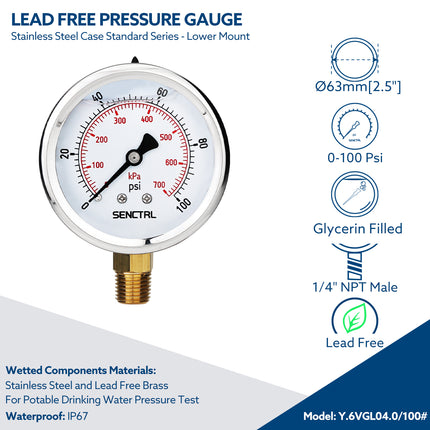 0-100 Psi Glycerine Filled Pressure Gauge, 1/4" NPT, 2.5" Dial, Lead Free