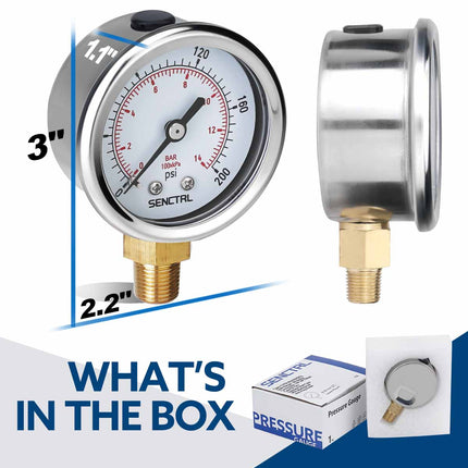 PRV-Tex 0-200 Psi Pressure Gauge, 1/8" NPT, 2" Dial