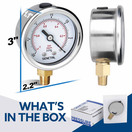 PRV-Tex -30-0 inHg Vacuum Pressure Gauge, 1/8" NPT, 2" Dial