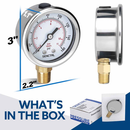 PRV-Tex 0-160 Psi Pressure Gauge, 1/4" NPT, 2" Dial