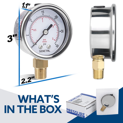 PRV-Tex 0-30 Psi Pressure Gauge, 1/4" NPT, 2" Dial