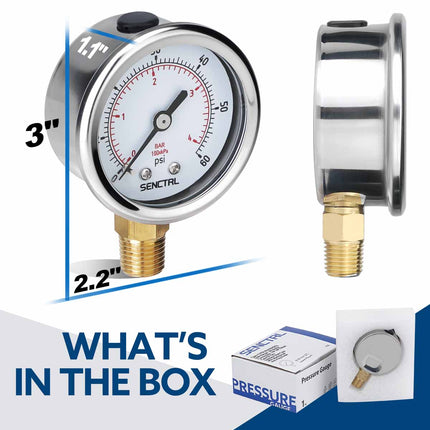 PRV-Tex 0-60 Psi Pressure Gauge, 1/4" NPT, 2" Dial