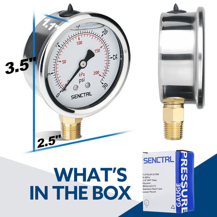 0-30 Psi Glycerine Filled Pressure Gauge, 1/4" NPT, 2.5" Dial