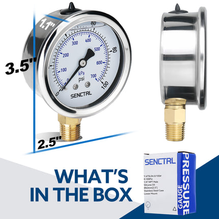 0-100 Psi Silicone Oil Filled Pressure Gauge, 1/4" NPT, 2.5" Dial