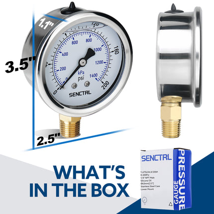 0-200 Psi Silicone Oil Filled Pressure Gauge, 1/4" NPT, 2.5" Dial