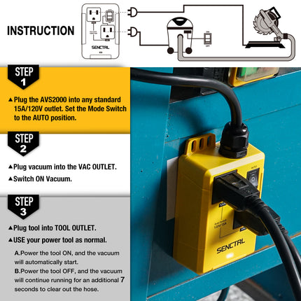 SENCTRL Automatic Vacuum Switch Allow Power Tool/Table Saw To Turn Vac Cleaner/Accessory On And Off Automatically, Load Sensing, On Delay Prevent Circuit Overload, Shop Dust Collector Off Delay