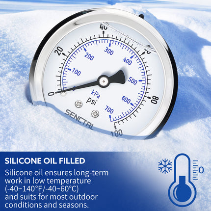 0-100 Psi Silicone Oil Filled Pressure Gauge, 1/4" NPT, 2.5" Dial