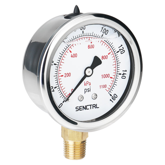 0-160 Psi Glycerine Filled Pressure Gauge, 1/4" NPT, 2.5" Dial, Lead Free